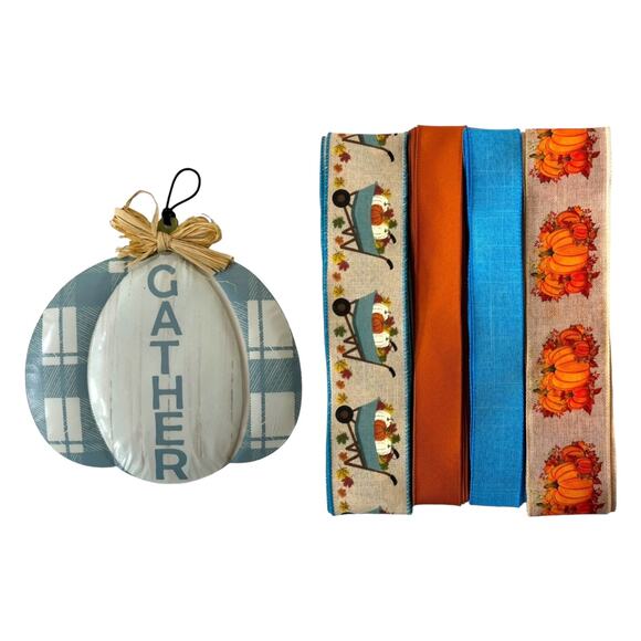 Gather Pumpkin Wreath Kit - DIY Autumn Craft Metal Pumpkin Sign Ribbon Bundle - Picture 1 of 5